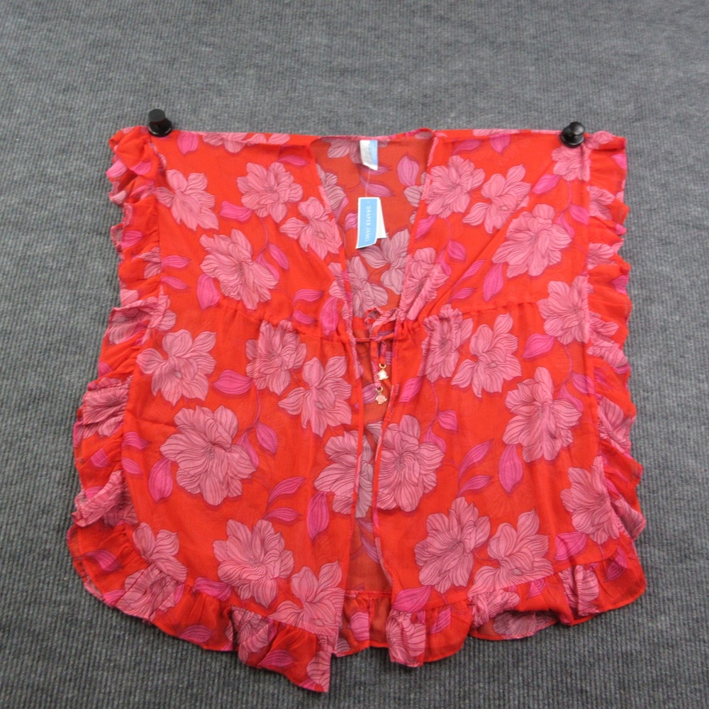 Draper James Blouse Womens M Orange Tunic V-Neck Floral Ruffle Tie NWT